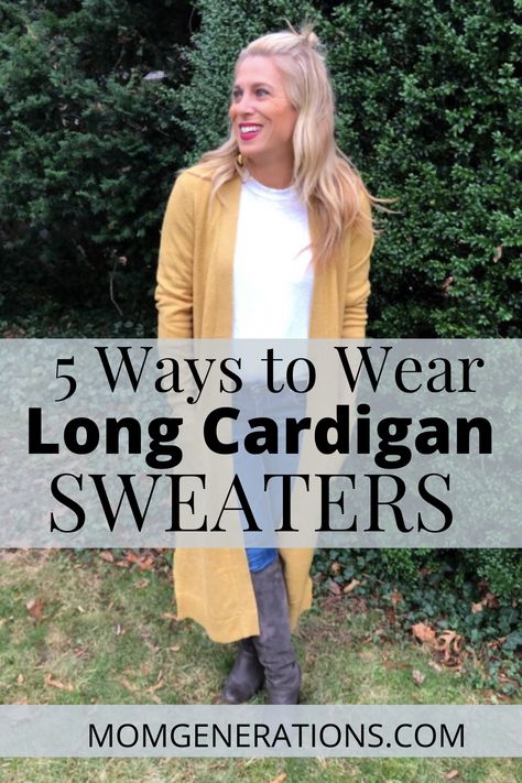 5 Ways to Wear Long Cardigan Sweaters - Winter outfits are easy to pop together. Think about creating looks that work easy for you. Here's how to wear long cardigans. Winter style is so much fun! #WinterStyle #Winteroutfit #Cardigans #WomensFashion #WomensStyle #MomStyle #MomFashion Jeans And Long Sweater Outfit, Casual Long Cardigan Outfit, Long Cardigan Sweaters For Women, Long Sweaters Cardigan Outfits, How To Style A Long Cardigan Outfits, Long Sweater Outfits Winter, Layering With Cardigans, Knee Length Cardigan Outfits, Extra Long Cardigan Outfit