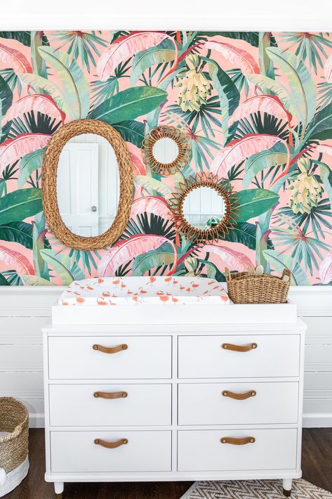 Nursery Tropical Theme, Boho Jungle Theme Nursery, Girly Jungle Nursery, Girly Tropical Bedroom, Palm Beach Nursery Girl, Tropical Jungle Nursery, Tropical Themed Nursery, Boho Tropical Nursery, Girls Tropical Bedroom