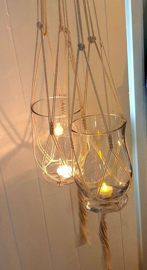 Macrame Glass Jar, Lantern Wall, Outdoor Hanging Lights, Macrame Projects, Green Bead, Glass Jar, Tea Light Holder, Metal Rings, Wooden Beads