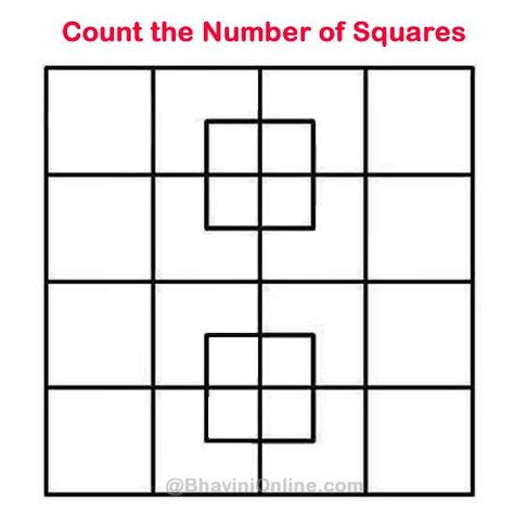 Whatsapp Riddle: Count the Number of Squares | BhaviniOnline.com Grid Puzzles, Math Pictures, Puzzle Photo, Math Challenge, Brain Teaser Puzzles, Picture Puzzles, Maths Puzzles, Word Puzzles, Brain Games