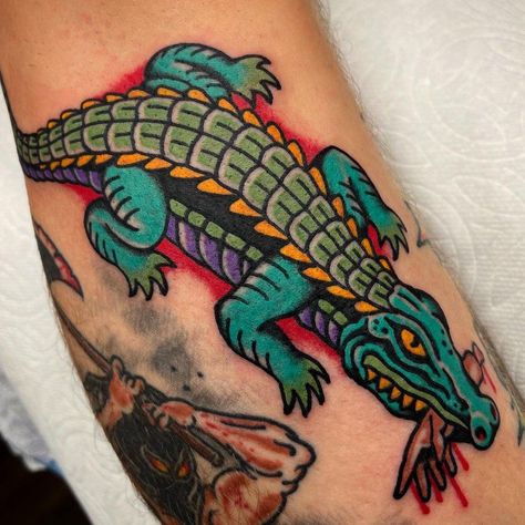 Traditional Tattoo Filler, Alligator Tattoo, Crocodile Tattoo, Traditional Tattoo Woman, Tato Tradisional, Traditional Tattoo Inspiration, Traditional Style Tattoo, Tattoo Filler, Kawaii Tattoo