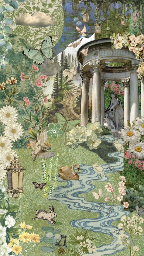 #collage #green #garden #flowers #art #phonebackground #lockscreen Forest Art Wallpaper, Cottagecore Background, Forest Fairy Aesthetic, Wonderland Forest, Forest Meadow, Fairy Garden Art, Garden Collage, Pixel Art Landscape, Wall Collage Decor