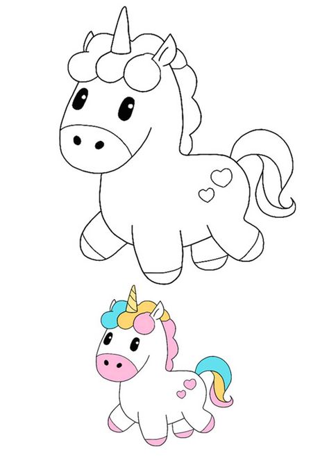 Cute baby unicorn coloring page with sample Cute Unicorn Coloring Pages, Emoji Coloring Pages, Best Coloring Pages, Baby Coloring Pages, Free Printable Coloring Sheets, Tutorial Drawing, Birthday Coloring Pages, Unicorn Coloring, Mermaid Coloring Pages