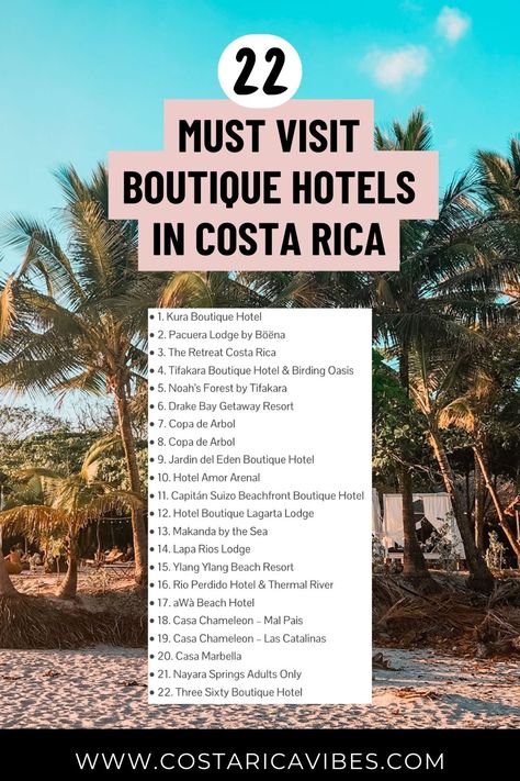 Discover the 22 best boutique hotels in Costa Rica! From luxurious rainforest retreats to beachfront escapes, our guide highlights top accommodations for an unforgettable stay. Learn about unique amenities, personalized services, and eco-friendly practices that make these hotels special. Perfect for couples, families, and solo travelers seeking a memorable experience in Costa Rica. Costa Rica Hotels, Costa Rico, Costa Rica Honeymoon, Costa Rica Hotel, San Jose Costa Rica, Visit Costa Rica, Costa Rica Vacation, Tropical Travel, Best Boutique Hotels