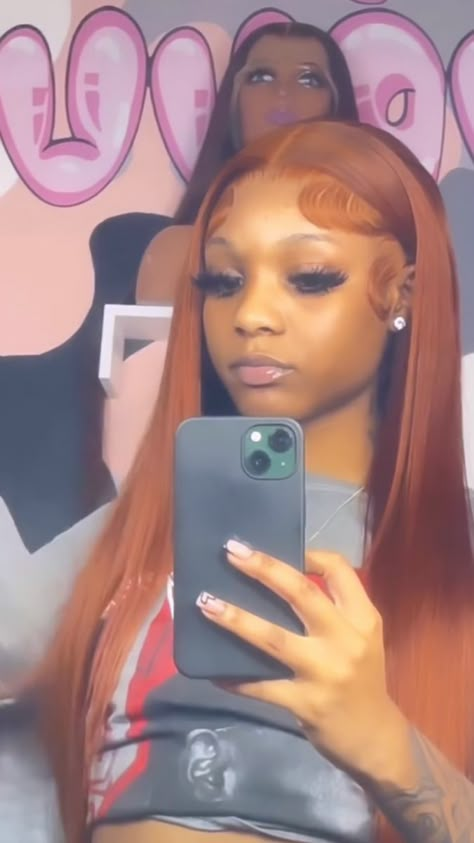 Straight Frontal Wig Hairstyles Color, Ginger Lace Front Wigs Black Women Middle Part, Hair Colors For Black Women Wigs, Ginger Hair Lace Front Wig, Ginger Black Women Hair, Colored Lacefront Wig, Hair Color Wigs Black Women, Middle Part Ginger Wig, Ginger Wig Hairstyles For Black Women