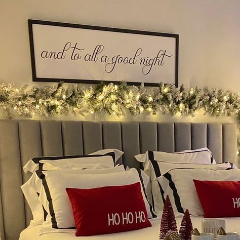 My Christmas on Instagram: "A cozy bedroom decorated for Christmas using Pre Lit Flocked Pine Garland over the bed head and a Lit flocked tree either side of the bed as bedside lamps. The adorable sign made by @festivelivingroom really finishes off the room so perfectly. To see Catherine’s bedroom reveal, you can watch the replay on Facebook. 👇🏼 www.Facebook.com/mychristmas.com.au #mychristmasdesign #christmasbedroom #bedroom #bedroomdecoration #bedroomforchristmas #christmasbedroomdecor #christmasbedroomaesthetic #bedroomaesthetic #monochromebedroom #monochromechristmas #flockedgarland #flockedtree #bedside #garland #garlands #christmasgarland #christmastree #flockedchristmastree #christmastreelights #garlandlights #christmasiscoming #decoratingforchristmas #christmashome #christmasho Grey Bedroom Christmas Decor, Garland On Bed Headboard, Christmas Garland On Bed Headboard, Christmas Headboard Decor, Garland On Headboard, Garland Above Bed, Bedroom Decorated For Christmas, Christmas Dorm Decorations, Dorm Christmas