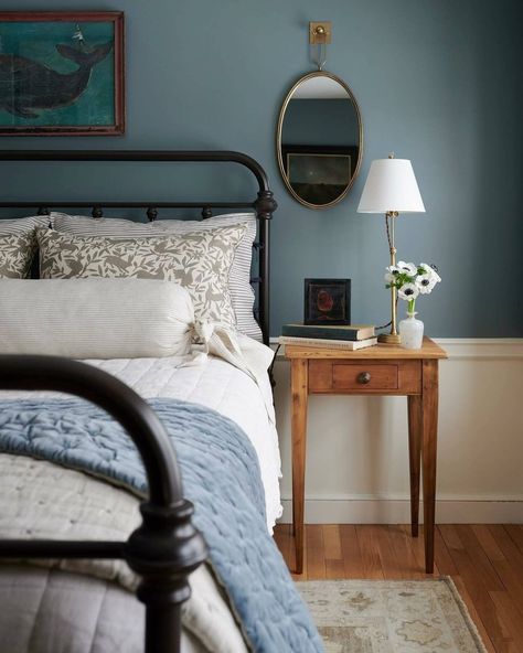 Farrow & Ball (@farrowandball) • Instagram photos and videos Blue Cottage Bedroom, Cottage Bedroom Ideas, Cottagecore Bedroom, Light Colored Wood, Blue Paint Colors, Cottage Bedroom, The Cabinet, Beige Walls, Striped Wallpaper