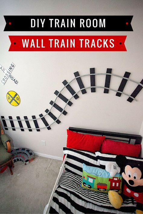 How awesome! A super easy tutorial for making DIY wall train tracks. Perfect for any little train lover! Boys Train Room, Playrooms Ideas, Train Room Decor, Train Bedroom, Boys Room Diy, Train Nursery, Zimmer Diy, Baby Boy Decorations, Train Decor