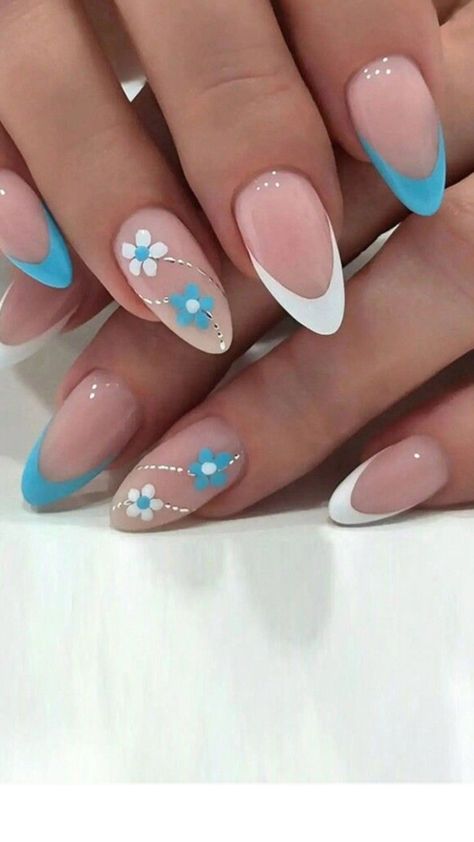 Almond Shapes Nail Designs, Nails Shapes, Color Block Nails, Baby Blue Nails, Cute Short Nails, Sleepover Ideas, Blue Nail Designs, Effortless Beauty, Long Acrylic