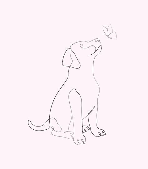 Dog With Butterfly On Nose Drawing, One Line Drawing Animals, Line Art Dog Tattoo, Dog Arts And Crafts, Puppy Line Art, Dog Outline Drawing, Line Drawing Dog, Dog Outline Tattoo, Dog And Butterfly