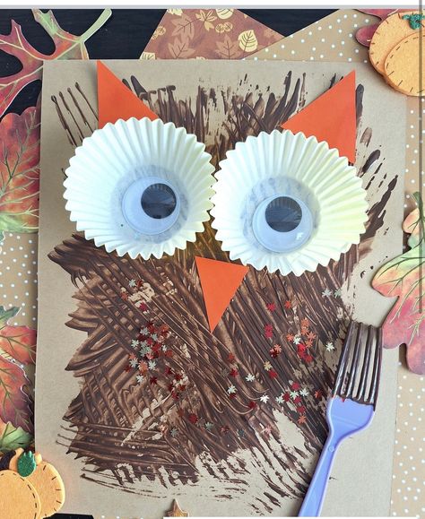 Owl Infant Craft, Owl Gross Motor Activities, Owl Craft Kindergarten, Owls Preschool Crafts, Owl Infant Art, Paper Plate Owl Crafts For Preschoolers, Owl Art And Craft, Owls Crafts For Preschoolers, Acorn Was A Little Wild Activities