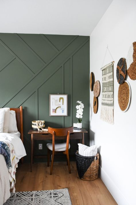 Mid Century Modern Bedroom with a Touch of Boho | Start at Home Decor Painting Idea For Bedroom Walls, Mid Century Modern Bedroom Green Walls, Mid Century Wall Ideas, Olive Green Wood Accent Wall, Bedroom Accent Wall Boho, Mid Century Bedroom Accent Wall, Accent Wall Mid Century Modern, Modern Boho Accent Wall, Mid Century Modern Green Paint