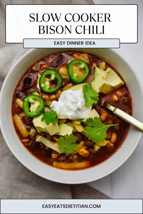 This slow cooker bison chili is so easy to make and packed with fiber and protein for a balanced and delicious dinner any day of the week! It's also great for meal prep as well! #chili #easyrecipe #slowcooker #slowcookersunday #slowcookermeals #crockpot Slow Cooker Bison Roast, Bison Chili, Chili Crockpot, Easy Slow Cooker, Crockpot Meals, Delicious Dinner, Day Of The Week, Cooker Recipes, Yummy Dinners