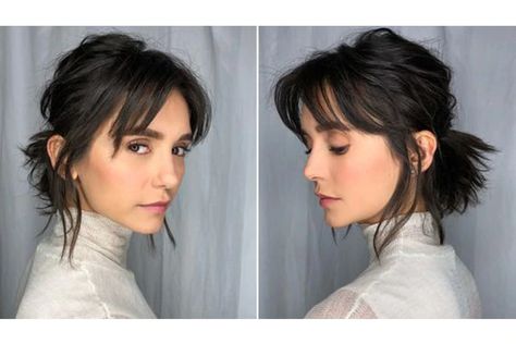 Messy ponytail long bob hairstyles Nina Dobrev Short Hair Bangs, Short Hair Half Pony, Short Hair Styles With Fringes, Pony On Short Hair, Short Hair Pulled Up, Pulling Back Short Hair, Messy Short Hair Cuts, Messy Bangs Short Hair, Messy Short Hair With Bangs