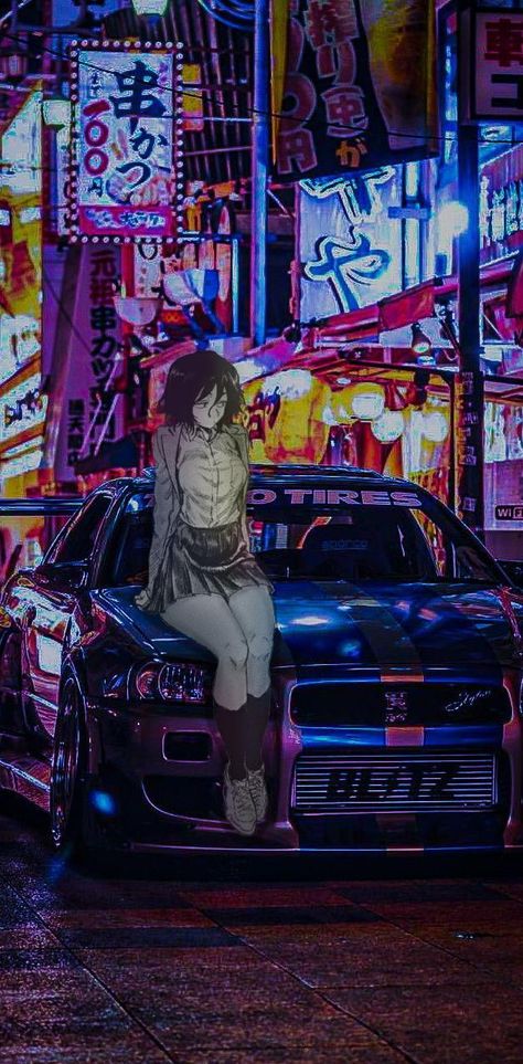 Cyberpunk Girl Art, Car And Girl Wallpaper, Wallpaper Carros, Genos Wallpaper, Art Cyberpunk, Girl Car, Mobil Drift, Rain Wallpapers, Night Sky Photography