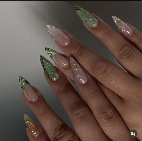 Almond Nails August 2024, Girly Green Aesthetic, August Nails Ideas Square, Almond Acrylic Nails Green, Green Almond Nails Designs, Jade Nails Acrylic, Puerto Rico Nails, Green Fairy Nails, Green Almond Nails