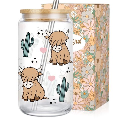 PRICES MAY VARY. Highland cows themed gifts; This glass cup, adorned with a highland cow, pink hearts, and cacti, is a unique blend of rustic charm and playfulness; A cute highland cow gifts for cow lovers, girls, teen girls, her, best friend, girlfriend, or any women who appreciate distinctive design Gift for any occasion; This cow mug makes for an ideal highland cow gift for women, cow Christmas gifts, birthday gifts for cow lovers, white elephant, stocking stuffers, graduation gifts or just b Cow Cup, Cups With Lids And Straws, Cow Stuff, Highland Cow Gifts, Glass Cup Set, Cow Mug, Cute Coffee Cups, Cow Gifts, Cute Birthday