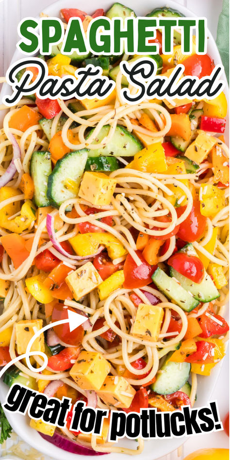 Spaghetti pasta salad on a white plate. Cold Spaghetti Pasta Salad, California Pasta Salad Spaghetti, Spaghetti Salad Recipes Cold, Cold Spaghetti Salad Recipes, Spaghetti Salad Recipes, Pasts Salad, California Pasta, Cold Spaghetti Salad, Spaghetti Pasta Salad