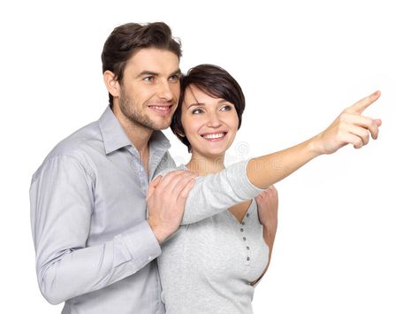 Happy couple looking and pointing into the distance. Portrait of the happy coupl #Sponsored , #Ad, #affiliate, #couple, #happy, #coupl, #pointing People Embracing, Happy Couple, The Happy, Stock Images Free, White Background, Photo Image, Stock Photos