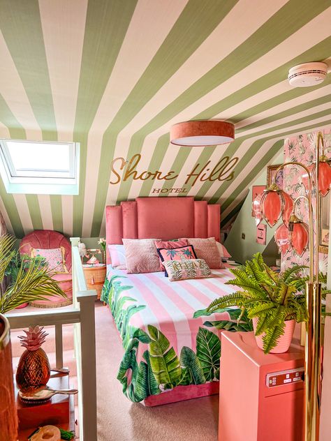 The inspiration for my loft bedroom came drom The Beverly Hills Hotel. I have had it styled like this for severel years but only recently had the ceiling wallpapered. This week ive had a sign made to go over the bed, that completes my vibe. #pinkandgreen #pink #stripes #bedroom #bedroomdecorideas #beverlyhills #palmbeach Beverly Hills Decor, Beverly Hills Hotel Bedroom, Craftsman Closet, Pink Maximalist Bedroom, Beverly Hills Hotel Wallpaper, Maximalist Apartment, Hotel Inspired Bedroom, Pink Trailer, Micro Studio