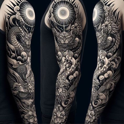 I will do sleeve tattoo design Realism Japanese Tattoo Sleeve, Black Work Tattoo Sleeve, Full Arm Sleeve Tattoo Men, Mens Full Sleeve Tattoo Ideas, Men’s Full Sleeve Tattoo, Japanese Style Sleeve, Chinese Sleeve Tattoos, Myth Tattoo, Arm Sleeve Tattoo For Men