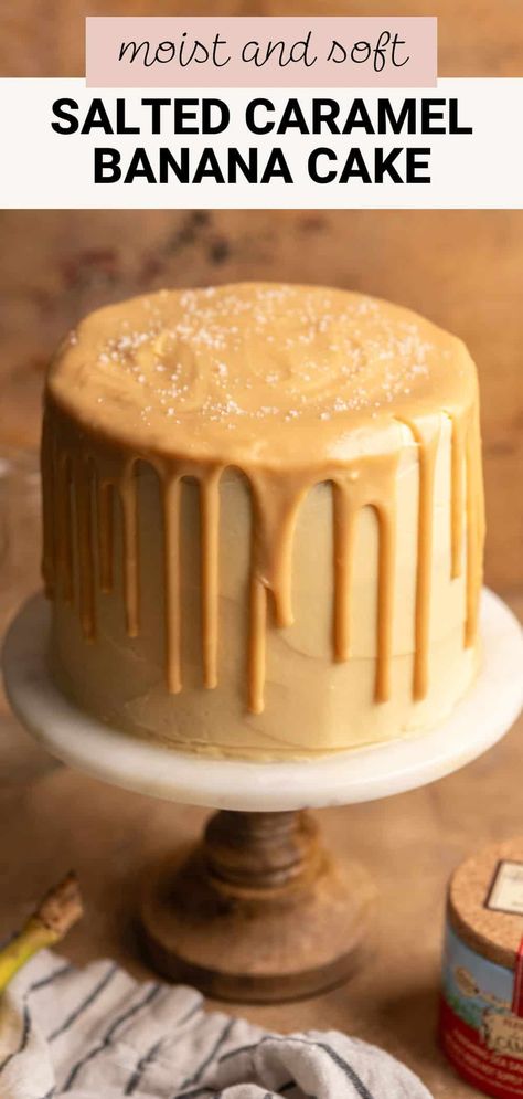 This banana caramel cake is a moist and tender banana layer cake made with fresh bananas, perfectly balanced by a luscious salted caramel buttercream frosting and rich caramel ganache drip. This cake is sure to satisfy your sweet tooth and impress your friends and family! Banana Cake With Caramel Frosting, Banana Buttercream Frosting, Banana Caramel Cake, Salted Caramel Buttercream Frosting, Caramel Banana Cake, Banana Layer Cake, Caramel Cakes, Caramel Buttercream Frosting, Salted Caramel Buttercream