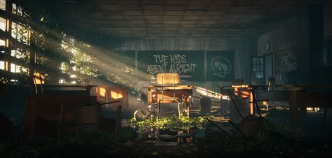 ArtStation - Abandoned Classroom - UE5, Delphine Decuyper Classroom Concept Art, Ue5 Environment, Apocalypse Reference, Abandoned Classroom, 5 Point Perspective, Abandoned Office, Detective Office, Value Studies, Robot World