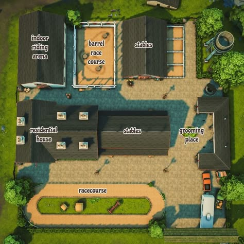 Ranch Building Plans, Big Farm Layout, Small Horse Ranch Layout, Minecraft Horse Stables Blueprints, Ranch Design Layout, Horse Ranch Floor Plans, Minecraft Horse Ranch Ideas, Sims 4 Animal Shed, Horse Ranch House Plans