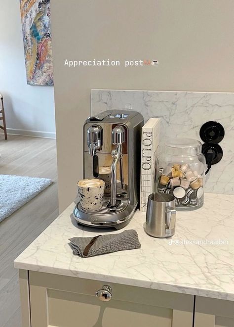 Coffee Setup, Coffee Station Kitchen, Kitchen Aesthetics, Neat Handwriting, Organized Kitchen, Nespresso Capsules, Amazon Coffee, Home Coffee Bar, Marble Countertop