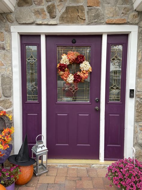 Eggplant Front Door Color, Benjamin Moore Autumn Purple, Purple Entryway, Purple Front Door, Purple Front Door Brick House, Front Door Purple, House With Purple Door, Red Brick Purple Door, Purple Front Doors