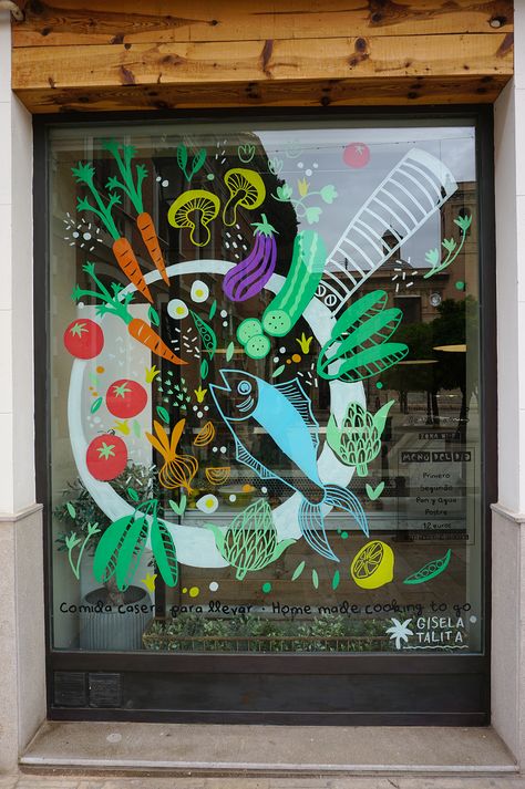 Painted Window Art, Window Wrap, Window Markers, Cafe Window, Window Mural, Window Illustration, Decoration Vitrine, Window Drawing, Storefront Design