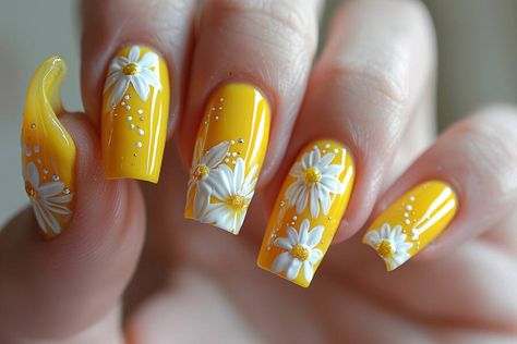 Haldi Nail Art, Haldi Nails, Aug Nails, Yellow Nails With Flower Design, Yellow Nail Art Designs, Flower Nail Designs Yellow, Yellow Flowers On Nails, Yellow Nail With Flower, Lavender Nails With Yellow Flowers