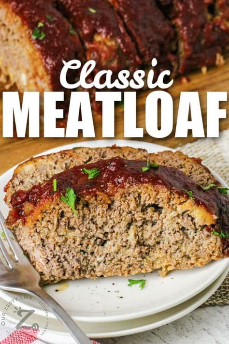 Make Homemade Meatloaf with gravy or potatoes for a simple meal that's so easy to make! Ground beef and some seasonings and binders create a  nostalgic taste of childhood. #ourzestylife #homemademeatloafrecipe #entree #recipe #classic #groundbeef #easy #best #howtomake #comfortfood #recipesgroundbeef #recipeseasy #seasoningrecipe #mix #classicmeatloafrecipe Meatloaf Ideas, Easy Homemade Meatloaf, Beef Meatloaf Recipes, Beef Meatloaf, Homemade Meatloaf, Classic Meatloaf Recipe, Beef Meals, Meat Eater, Good Meatloaf Recipe