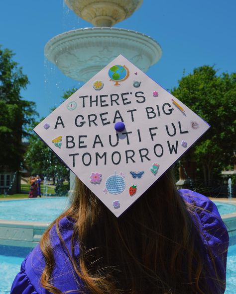 there’s a great big beautiful tomorrow🌎 joshua 1:9 says, “have I not commanded you? be strong and courageous. do not be afraid; do not be discouraged, for the Lord your God will be with you wherever you go.” I’m clinging so tightly to this verse as this wondrous chapter of my life comes to a close. I’m so grateful for @north_alabama and the lessons I’ve learned, people I’ve met, and opportunities I’ve received in my four years here. these years have been some of the best and most formative o... Grad Cap Ideas Disney, Disney Grad Caps, Great Big Beautiful Tomorrow, Disney Graduation Cap, Disney Graduation, College Graduation Cap Decoration, Grad Hat, Grad Caps, Cap Decoration