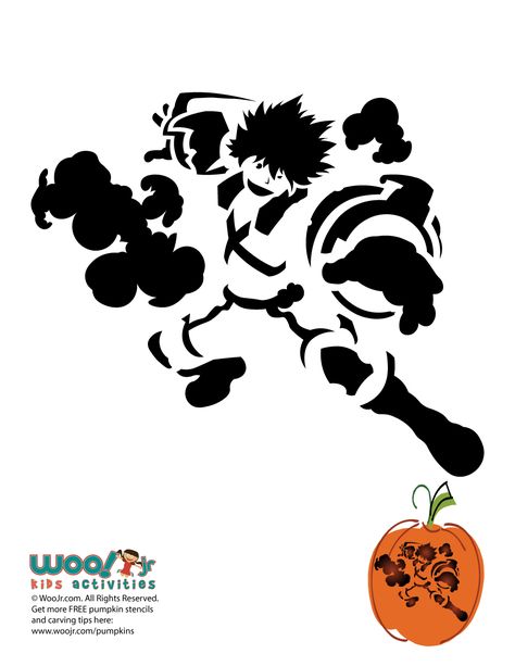 My Hero Pumpkin Stencils Bakugo | Woo! Jr. Kids Activities Bakugo Pumpkin Carving, Calcifer Pumpkin Stencil, Mha Pumpkin Carving Ideas, Anime Pumpkin Stencil, Pumkin Carving Mha, Mha Pumpkin Carving, All Might Pumpkin, Anime Pumpkin Carving Stencil, Pikachu Pumpkin Stencil