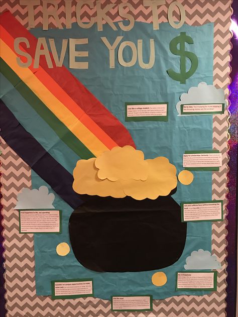 Tricks to save you money- resident assistant bulletin board ideas for march Financial Bulletin Board, Bulletin Board Ideas For March, Resident Assistant Programs, Resident Assistant Bulletin Boards, Ra Themes, Ra Bulletins, Ra Bulletin Boards, Resident Assistant, Ra Ideas