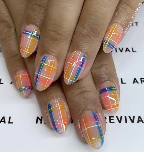 Neon Plaid Nails, Grid Nail Design, Neon Fall Nails, Summer Plaid Nails, Argyle Nails Designs, Scottish Nails, Diy Plaid Nails, Fall Nails Plaid, 1980s Nails