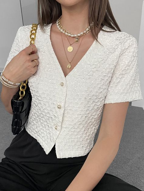 White Elegant Collar Short Sleeve Polyester Plain Top Embellished Non-Stretch Summer Women Tops, Blouses & Tee Korean Top, Plus Size Blouse, Women White Blouse, Women Blouse, Blouse For Women, Womens Tops Summer, Puff Sleeve Blouse, Yellow Fashion, Plus Size Blouses