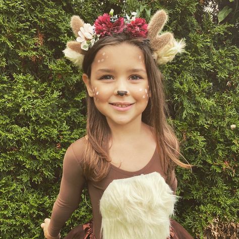 Bambi deer costume for girls Deer Toddler Costume, Toddler Deer Makeup, Deer Costume Makeup Kids, Fawn Face Paint, Deer Costume Makeup Simple, Bambi Face Paint, Toddler Deer Costume Girl, Girls Deer Costume, Women Deer Costume