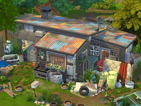 The Sims Resource - Shabby Shelter - no CC Sims 4 Moonwood Mill Build, Sims 4 Poor House Cc, Sims Trailer Home, The Sims 4 Houses Ideas No Cc, Sims Trailer Park, Sims 4 Village Lot, Container House Sims 4, Sims 4 Jungle House, Sims 4 Run Down House