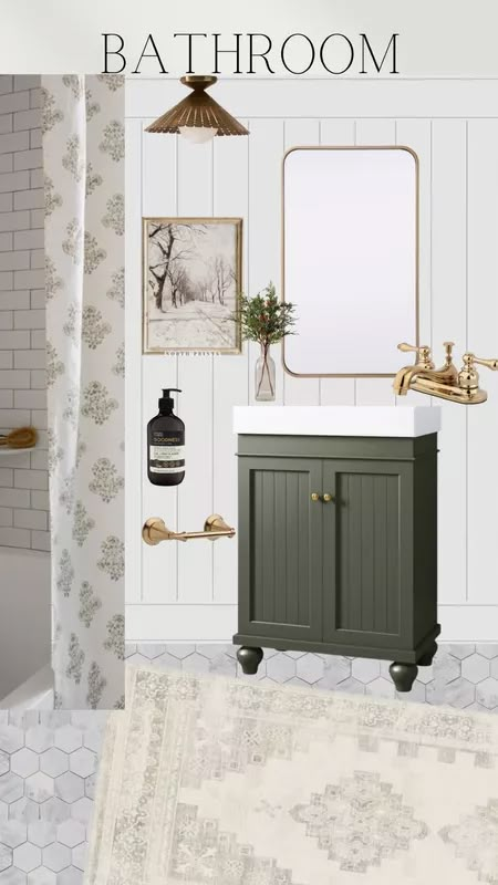 Sage Green Bathroom Vanity Marble, Small Bathroom Wall Ideas Decor, Green Tan Bathroom Ideas, Cottage Bathroom Shower Curtains, French Farmhouse Powder Room, Neutral Bathroom Shower Curtains, Cute Guest Bathroom Ideas, Dusty Green Bathroom, Kid Bathroom Wallpaper