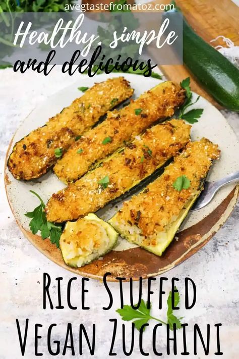 These vegan rice stuffed zucchini boats are filled with a simple yet flavourful stuffing, topped with breadcrumbs for a golden crust and baked to perfection. #zucchini #courgette #vegan #baked #veganside #summersquash Vegan Zucchini Boats Recipes, Normal Meals, Simple Stuffing, Zucchini Vegan, Pulses Recipes, Stuffed Zucchini Boats, Best Healthy Dinner Recipes, Oil Free Vegan Recipes, Vegan Party Food