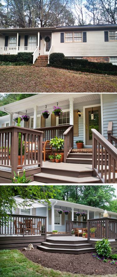 Top: before; middle & bottom: after. The tiny front porch & narrow, steep stairs are gone. Designer John Gidding designed & built an extended deck across the front of the house. The new deck includes multiple "rooms" that allow for plenty of space for relaxing and entertaining. Front Deck Ideas Entrance, Tiny Front Porch, Yard Before And After, Front Porch Deck, Decks And Patios, Terrace Garden Ideas, Cheap Landscaping Ideas, Porch Remodel, Building A Porch