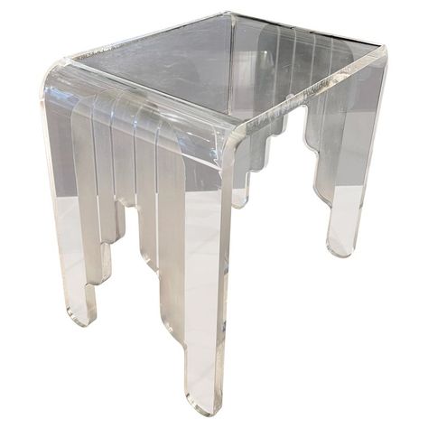 1980s Postmodern Waterfall Art Deco Style Clear & Frosted Lucite Table | See more antique and modern End Tables at https://www.1stdibs.com/furniture/tables/end-tables Corner End Table, Waterfall Table, American Art Deco, Lucite Table, Waterfall Art, Red Mountain, Modern End Tables, Petite Table, Small Corner