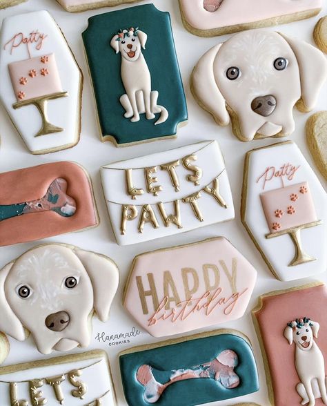 Lets Pawty Birthday Cookies, Dog Party Cookies Decorated, Dog Birthday Party Cookies, Puppy Birthday Party Cookies, Pet Cookies Decorated, Dog Cookie Decorating, Puppy Dog First Birthday Party, Puppy Dog Cookies, Dog Birthday Cookies Decorated