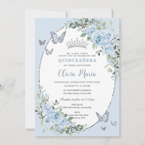 Baby Blue Quince, Blue Quinceanera Theme, Butterfly Quince, Baby Blue Quinceanera, Light Blue Quince, Baby Blue Flowers, Cinderella Quinceanera, Silver Butterflies, Quince Invitations