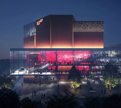 HENN Selected to Redesign Europe's Largest Cultural Center,Gasteig Cultural Center. Image Courtesy of MIR Cultural Center Design, Cinema Architecture, Facade Lighting, Mall Design, Skyscraper Architecture, Cultural Centre, Cultural Architecture, Commercial Architecture, Architecture Rendering