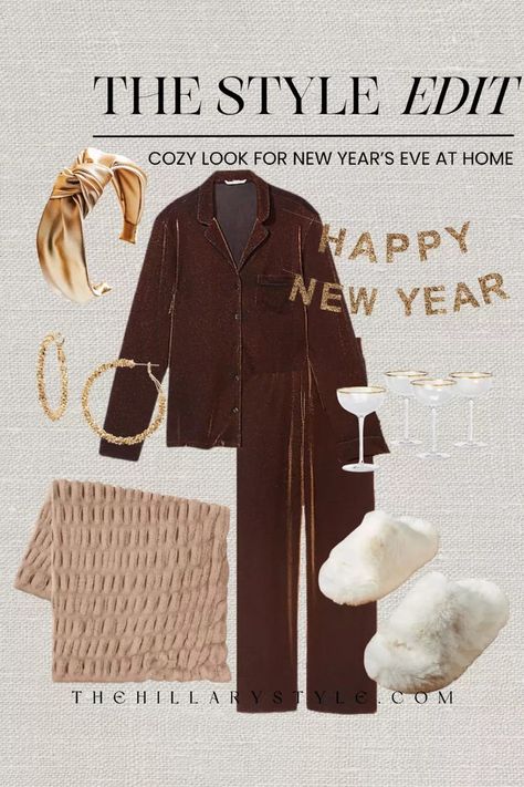 The Style Edit: Cozy look for a New Year’s Eve at home. Cute and cozy loungewear perfect for NYE or Christmas morning. Pajama set, slippers, faux fur blanket, garland, headband, gold hoop earrings, champagne coupe glasses. NYE look, NYE outfit, loungewear, Jammie’s. Victoria’s Secret, Nordstrom, Target, Anthropologie. Nye At Home, Nye Look, Headband Gold, Champagne Coupe Glasses, Nye Outfits, Faux Fur Blanket, Cozy Loungewear, Style Edit, New Year’s Eve