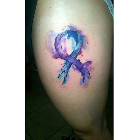 Watercolor arthritis ribbon thigh tattoo Thyroid Tattoo, Lymphoma Tattoo, Purple Ribbon Tattoos, Watercolor Ribbon, Survivor Tattoo, Purple Tattoos, Awareness Tattoo, Realistic Tattoo Sleeve, Art Humor