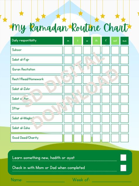 Easy and convenient Ramadan Routine and Chore Chart to help kids stay motivated during the Holy month of Ramadan. Children will feel satisfied by checking the boxes when activity is completed and will help keep them on track and accountable. Best digital quality upon downloading. Ramadan Chart, Ramadan Routine, Activity Chart, Planner Ramadan, Islamic Planner, Ramadan Activity, Ramadan Planner, Kids Routine, Kids Routine Chart